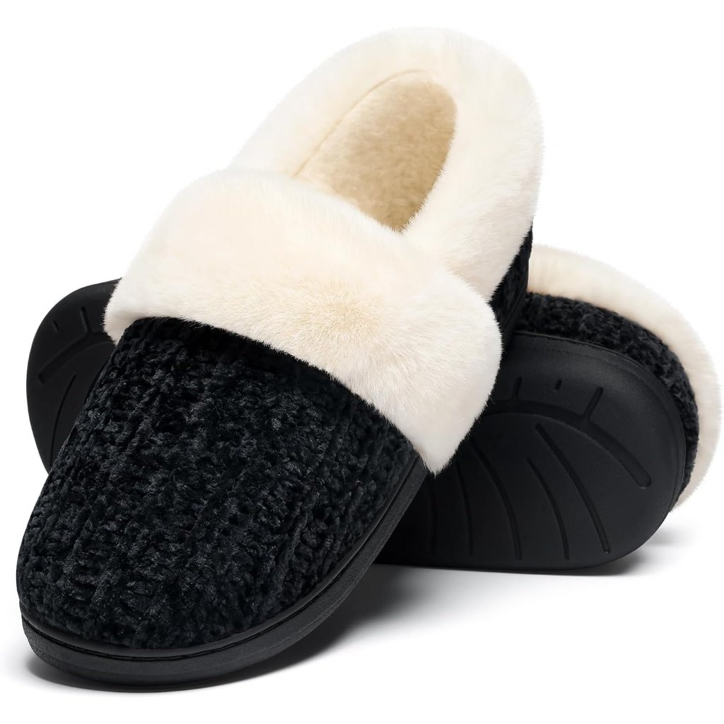 Women's Black White Memory Foam Slippers Closed Back Knit Slip-On House Shoes